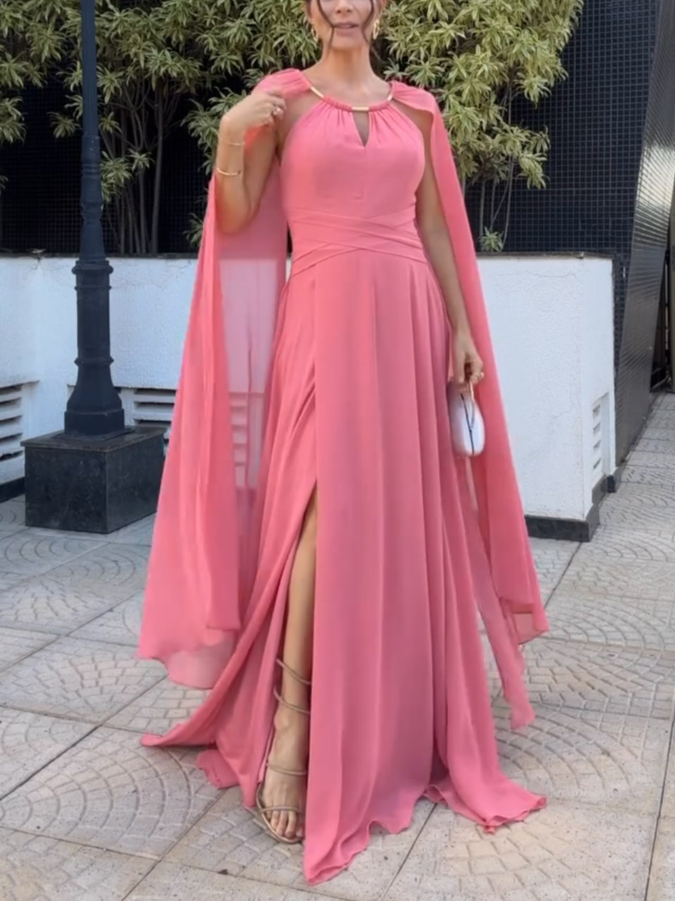 Elegant Cape Sleeve Slit Long Party Maxi Dress