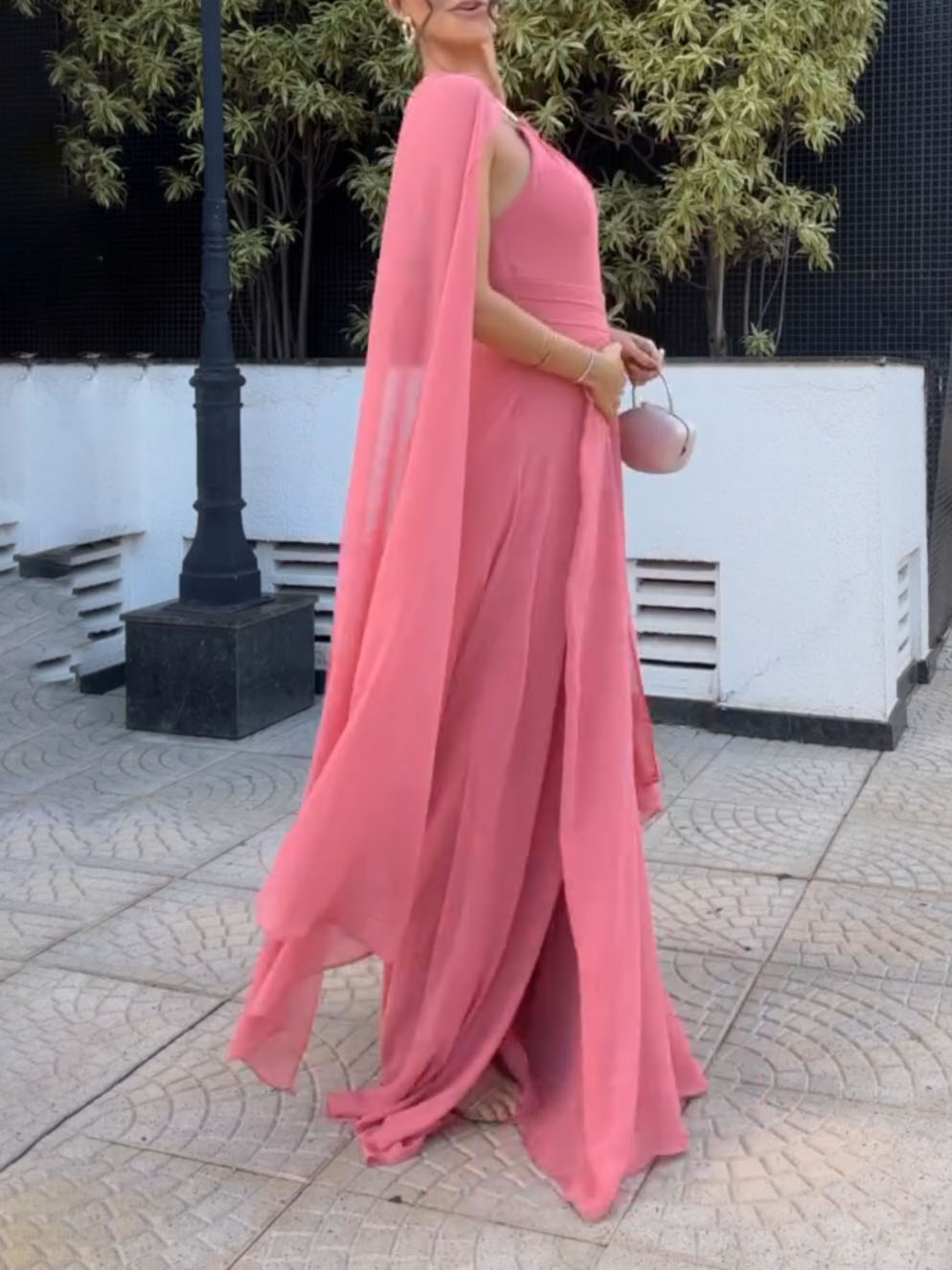 Elegant Cape Sleeve Slit Long Party Maxi Dress
