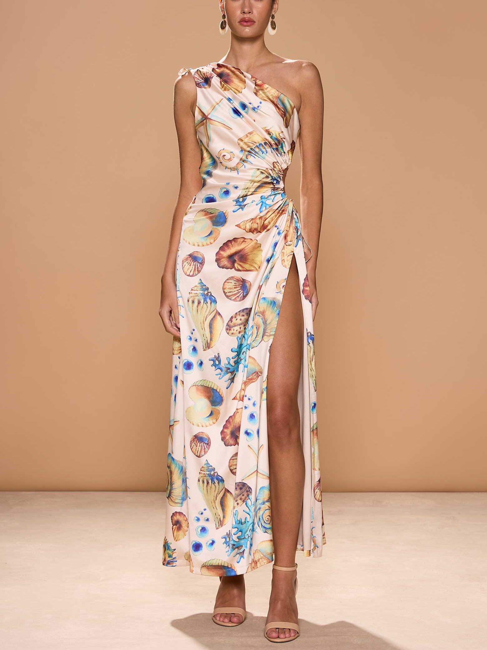 Exquisite Shell Print Side Slit Maxi Dress