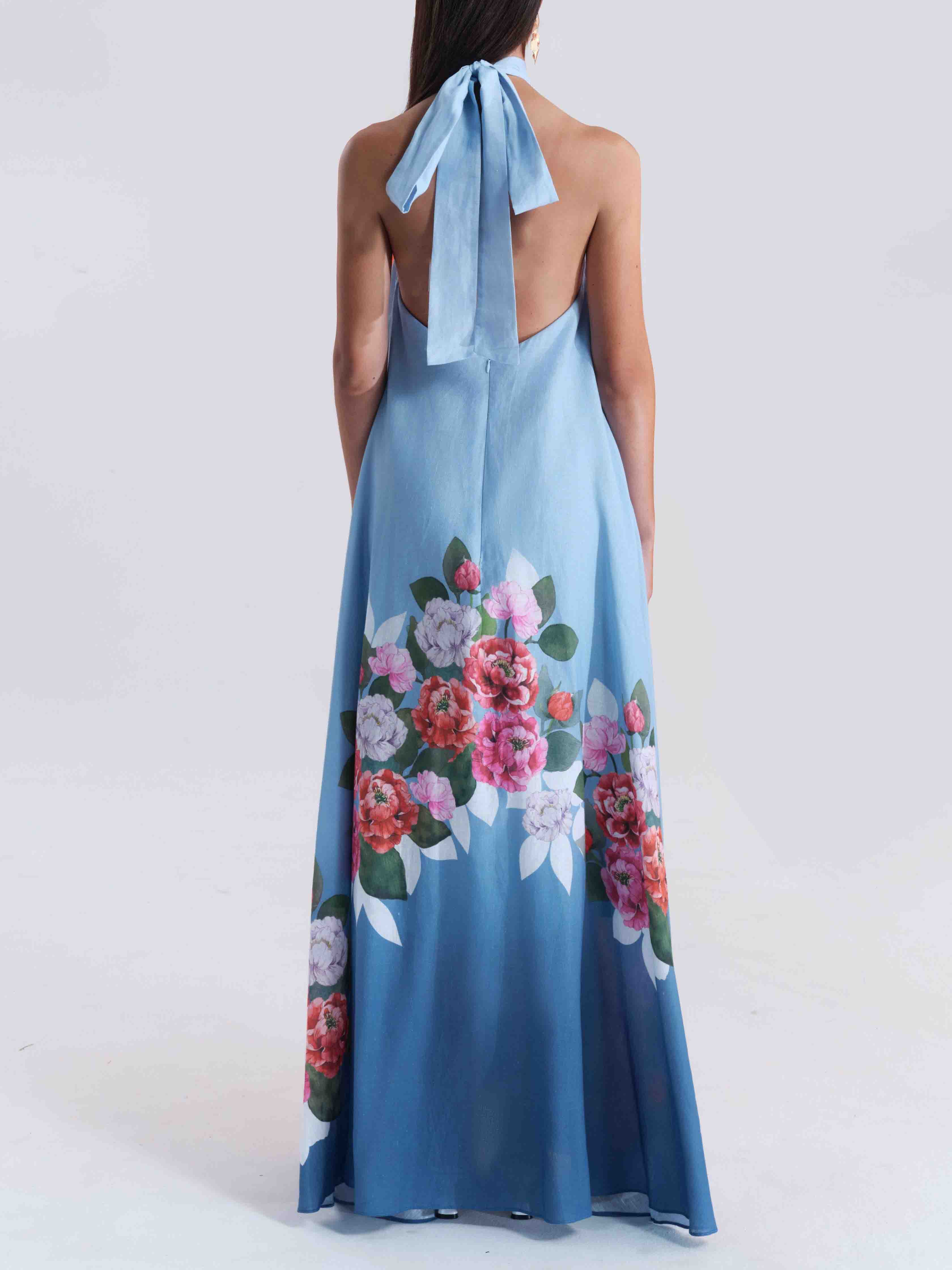 Elegant Halterneck Romantic Floral Print A-line Maxi Dress