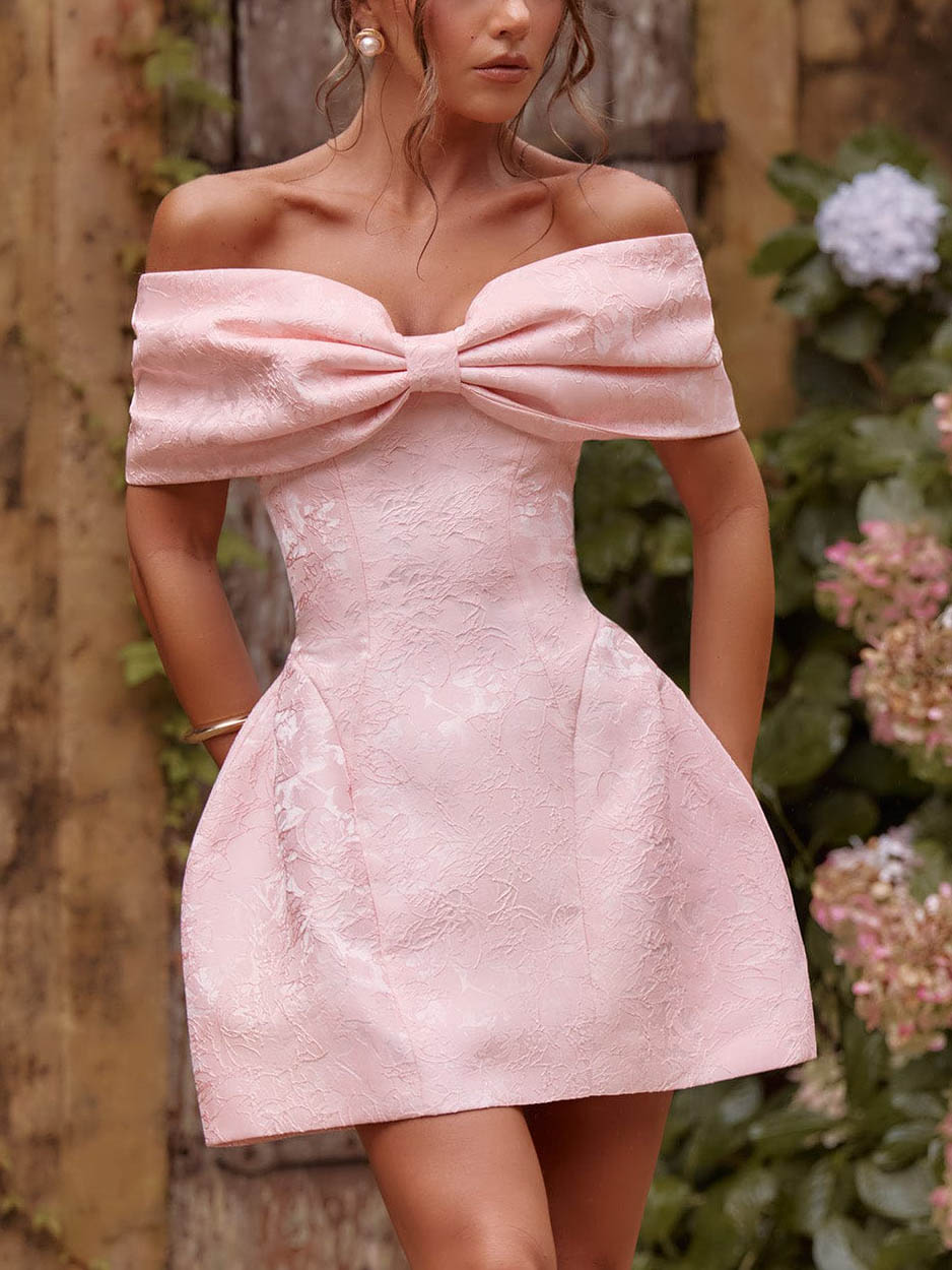 Elegant Bow Off-the-shoulder Jacquard Mini Dress