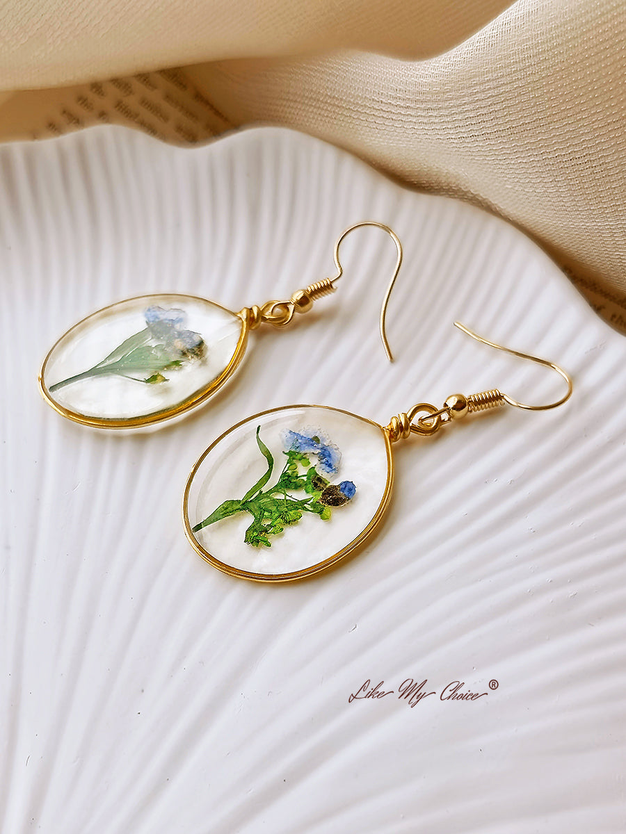 Pressed Flower Earrings -  Forget Me Not Flower Oval