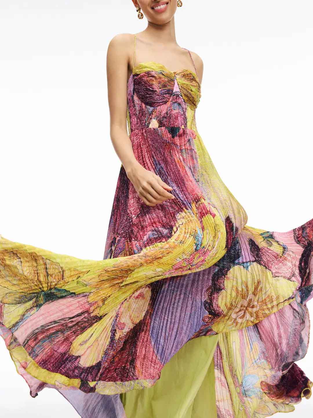 Vintage Art Hand-Painted Floral Print Pleated Maxi Dress