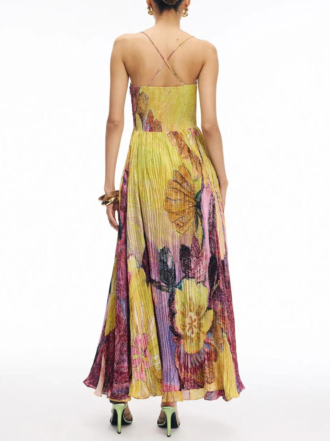 Vintage Art Hand-Painted Floral Print Pleated Maxi Dress