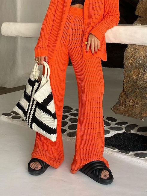 Casual Holiday Solid Color Knitted Loose Wide-leg Pants