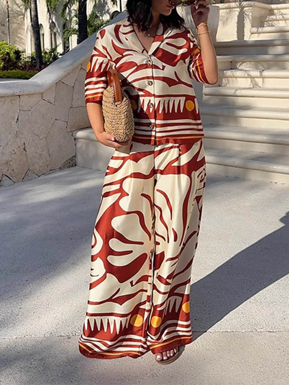 Unique Printed Satin High-Waisted Wide-Leg Pants