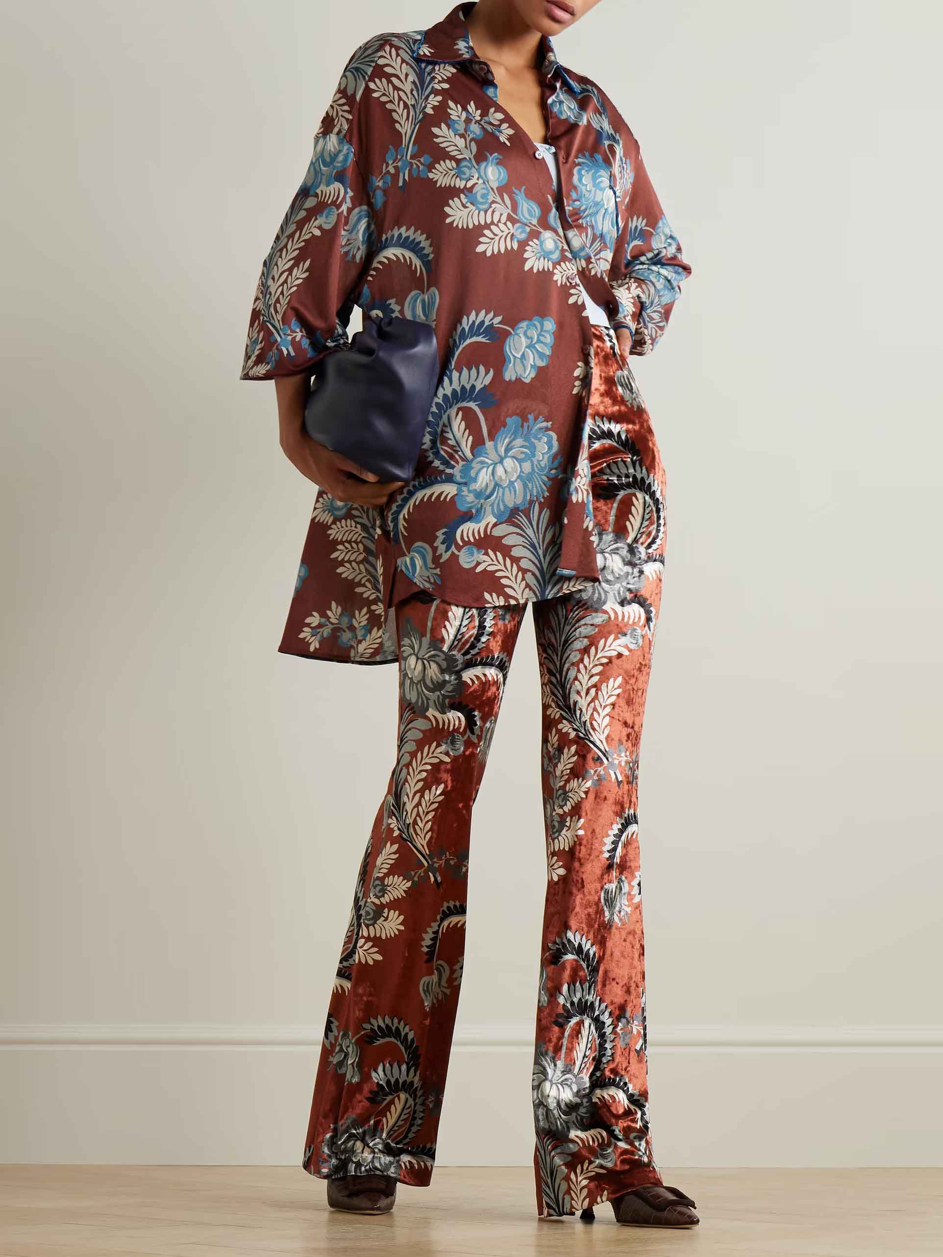 Exquisite Retro Folk Style Floral Print Elastic Bell-bottom Pants