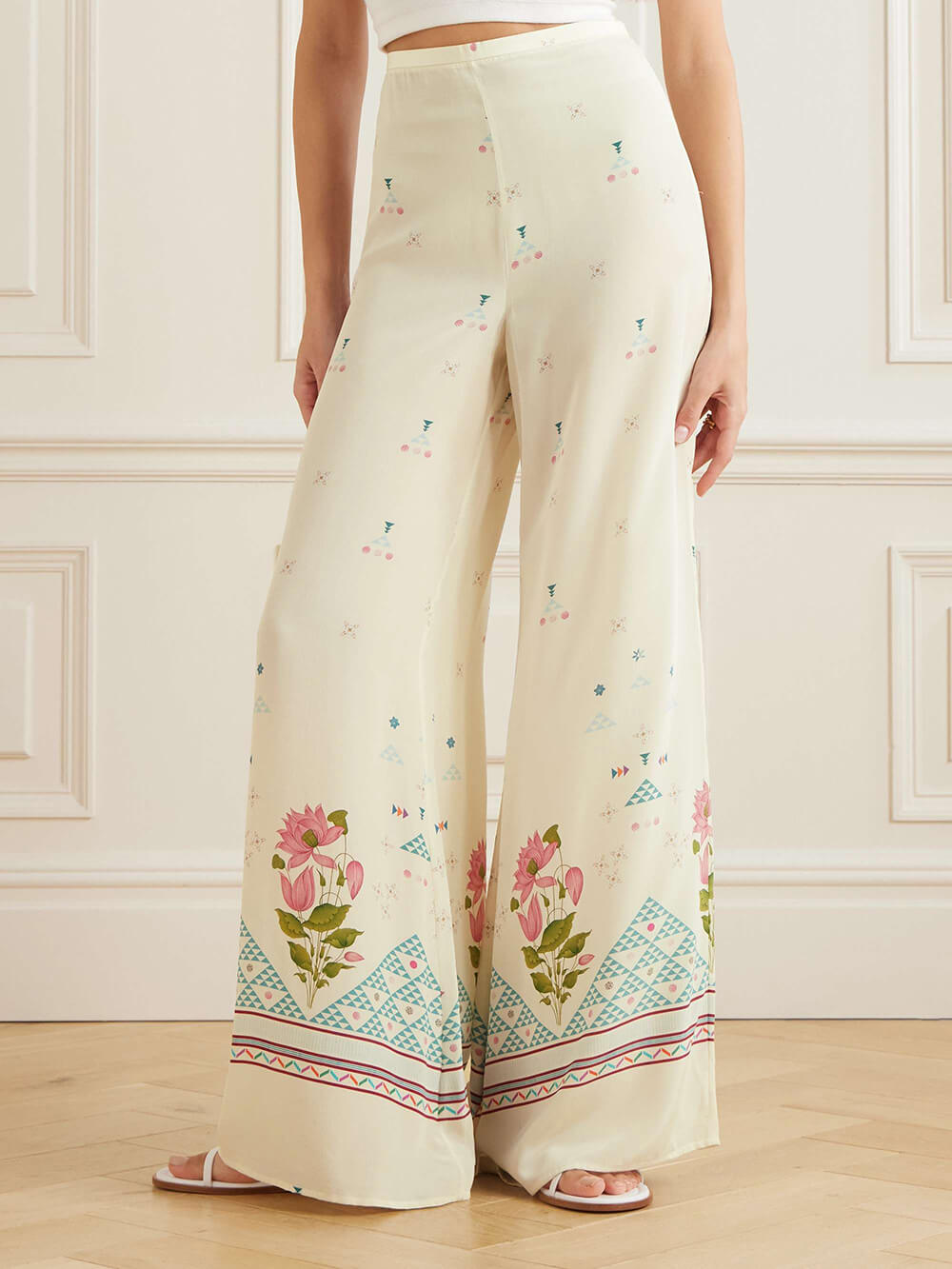 Exquisite Bohemian Bloom Floral Print Patchwork Elastic Waist Wide-Leg Pants
