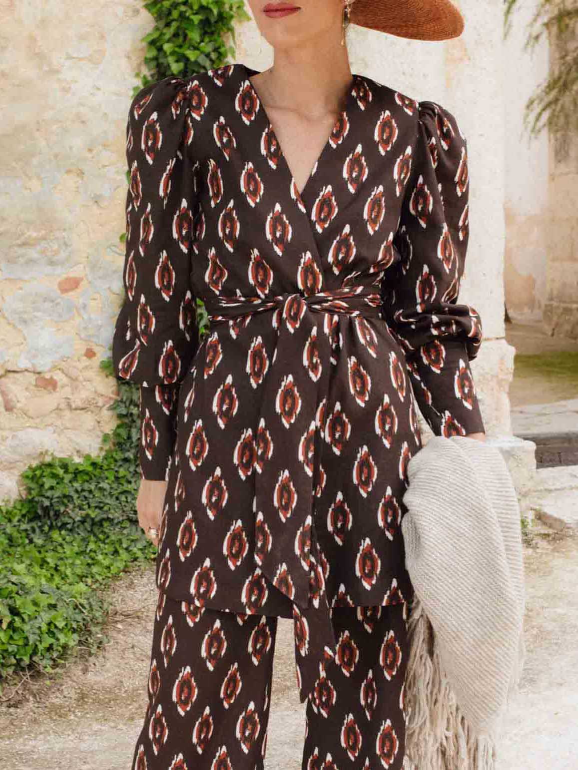 Retro Bohemian Ikat Print Belted Blazer Top