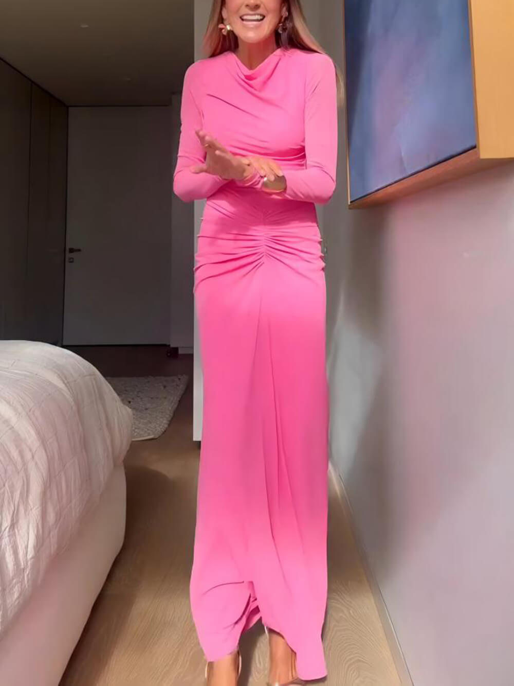 Elegance Ruched Cowl Neck Bodycon Stretch Maxi Dress