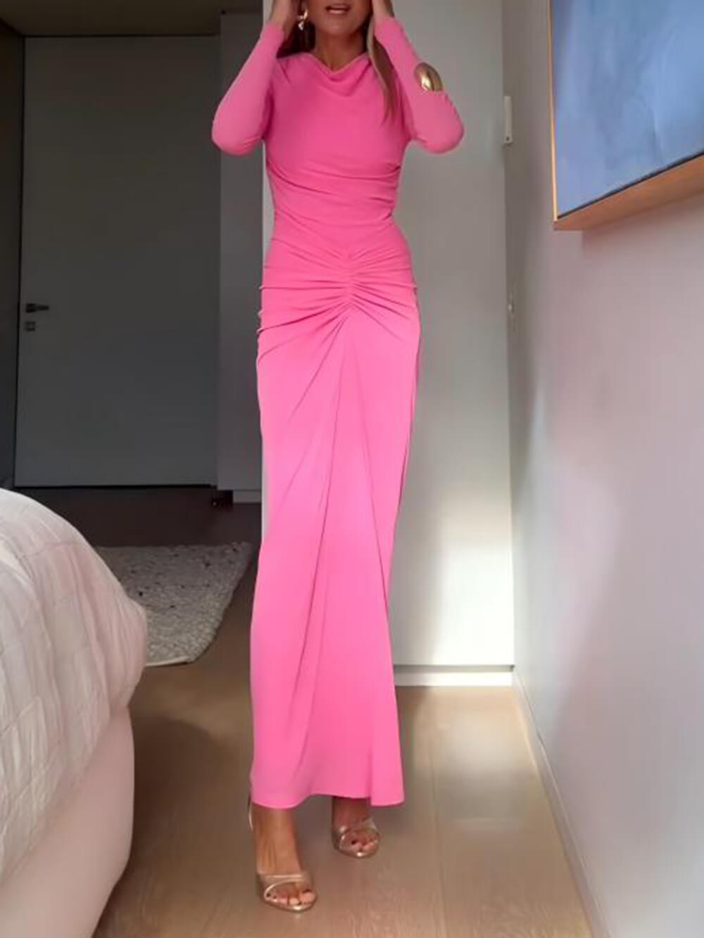 Elegance Ruched Cowl Neck Bodycon Stretch Maxi Dress