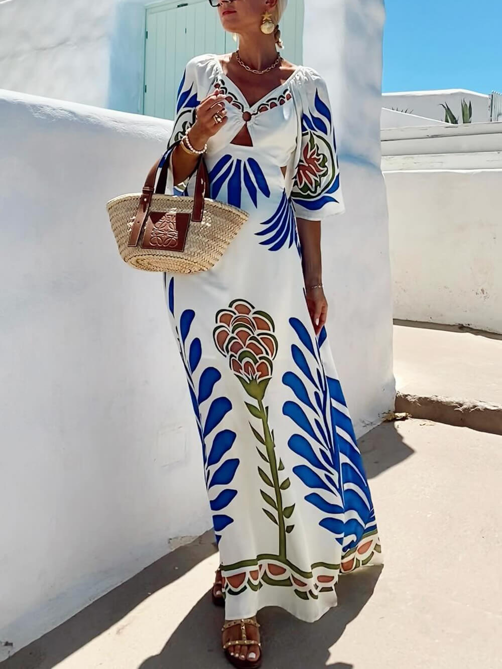 Elegant Floral Print Satin Flared Sleeve Maxi Dress