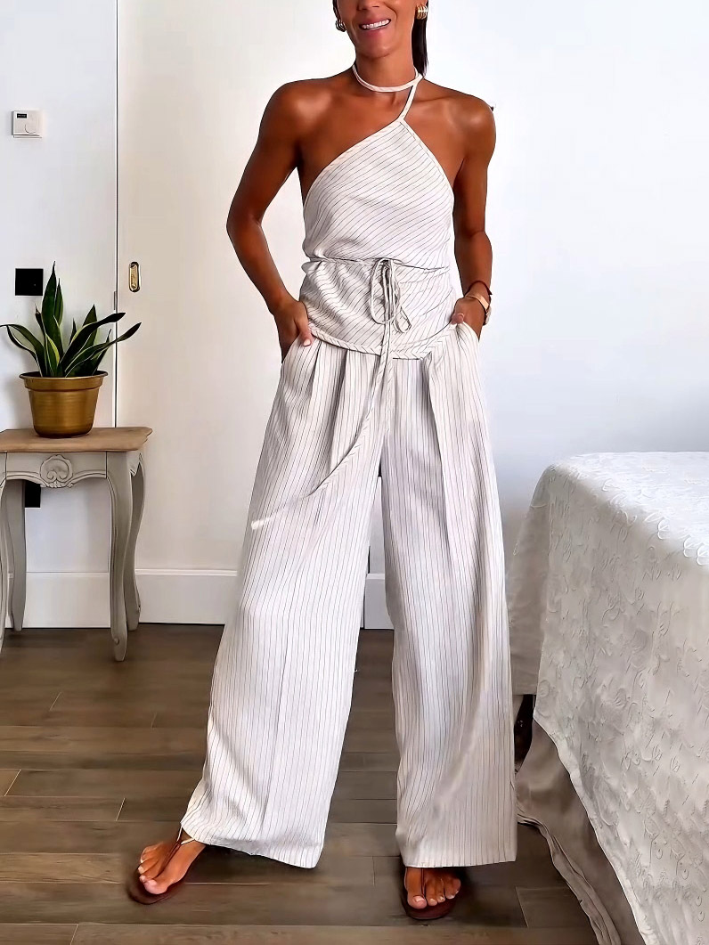 Casual Striped Print Lace-up Vest Wide-leg Pants Two-piece Set