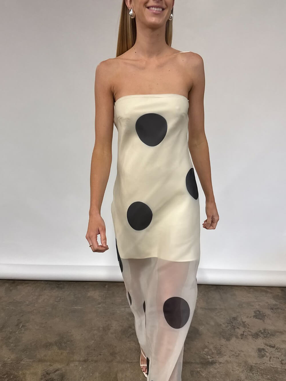 Elegant Mesh Stitching Polka Dot Print Off-Shoulder Suspender Maxi Dress