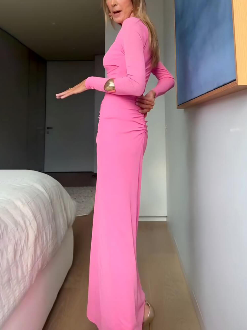 Elegance Ruched Cowl Neck Bodycon Stretch Maxi Dress