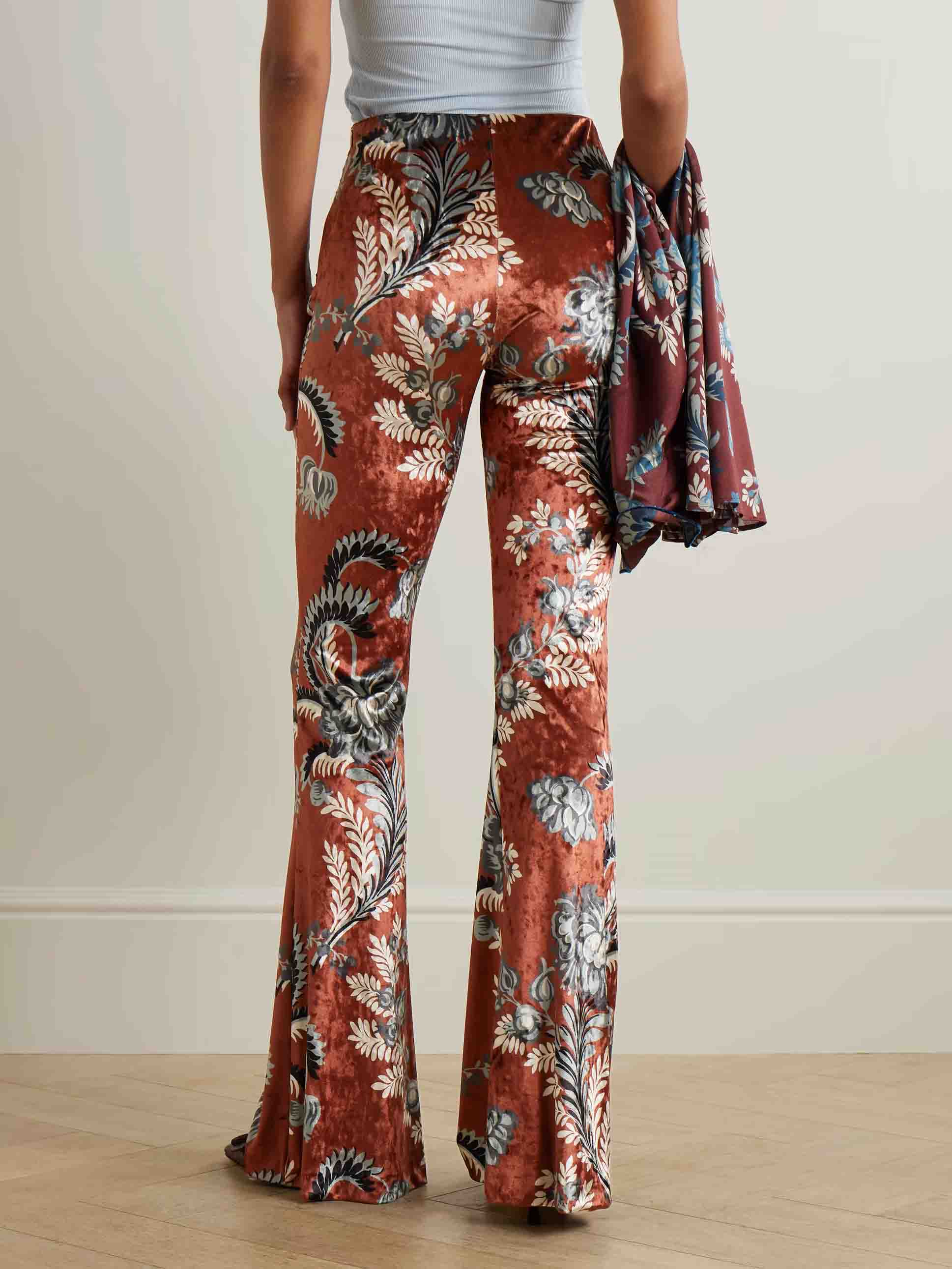 Exquisite Retro Folk Style Floral Print Elastic Bell-bottom Pants