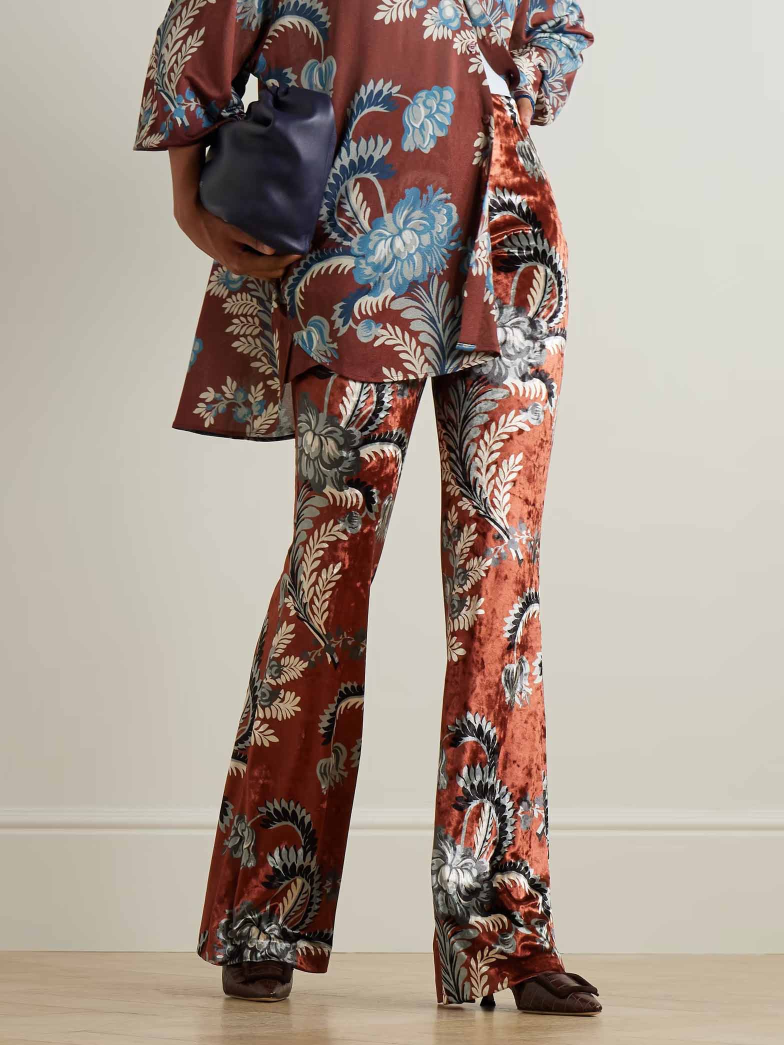 Exquisite Retro Folk Style Floral Print Elastic Bell-bottom Pants