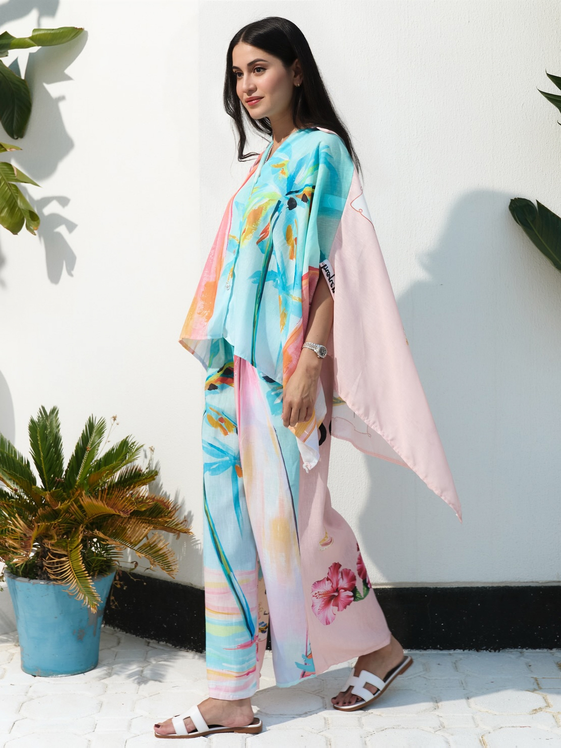 Unique Oil Painting Coconut Tree Print Wide Leg Pants