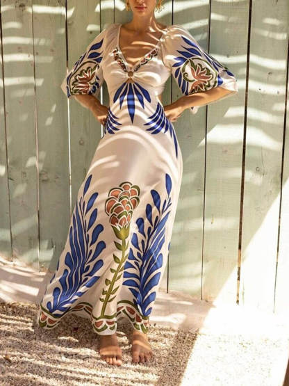 Elegant Floral Print Satin Flared Sleeve Maxi Dress