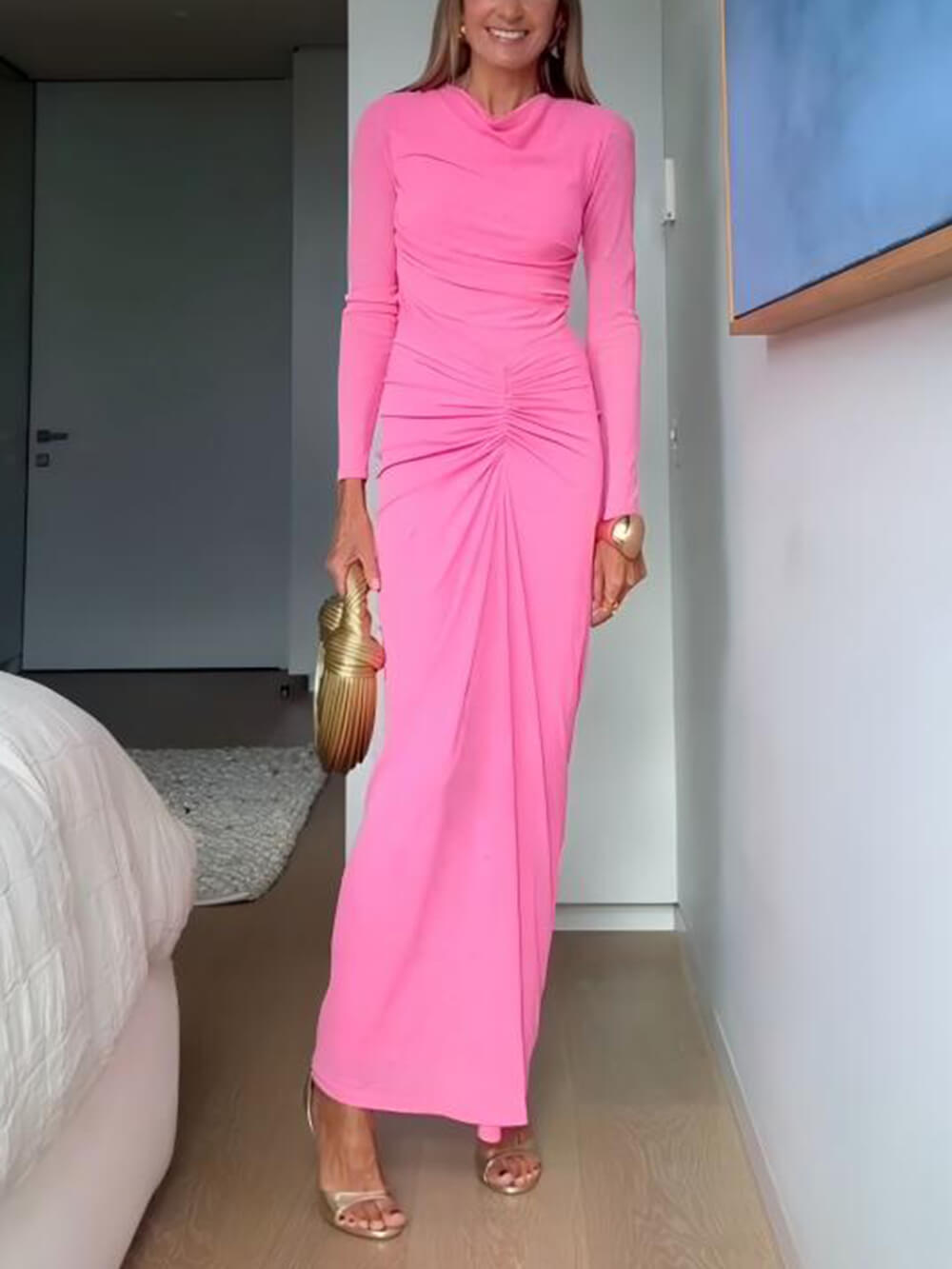 Elegance Ruched Cowl Neck Bodycon Stretch Maxi Dress