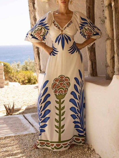 Elegant Floral Print Satin Flared Sleeve Maxi Dress
