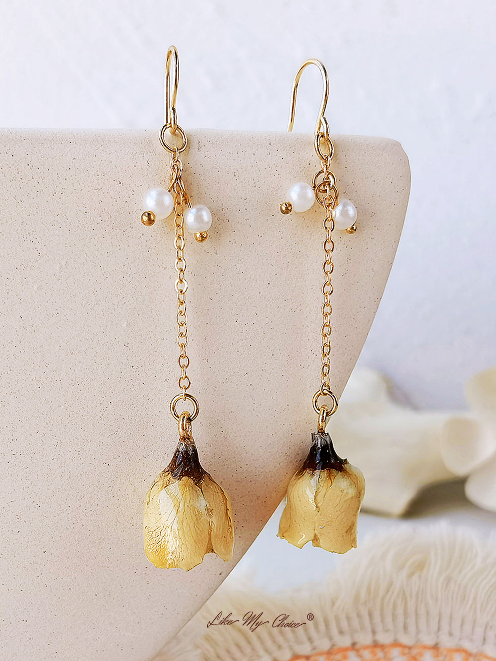 Pressed Flower Earrings - Pearl Rose Bud