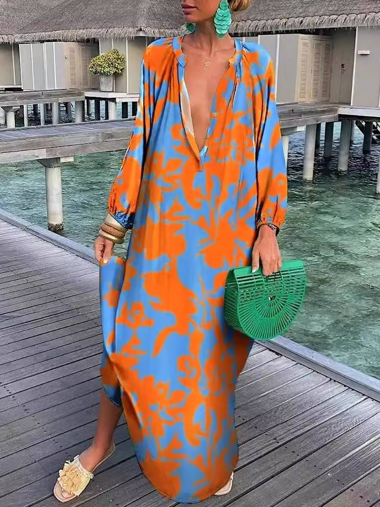 Printed V-neck Long-sleeved Loose Dress