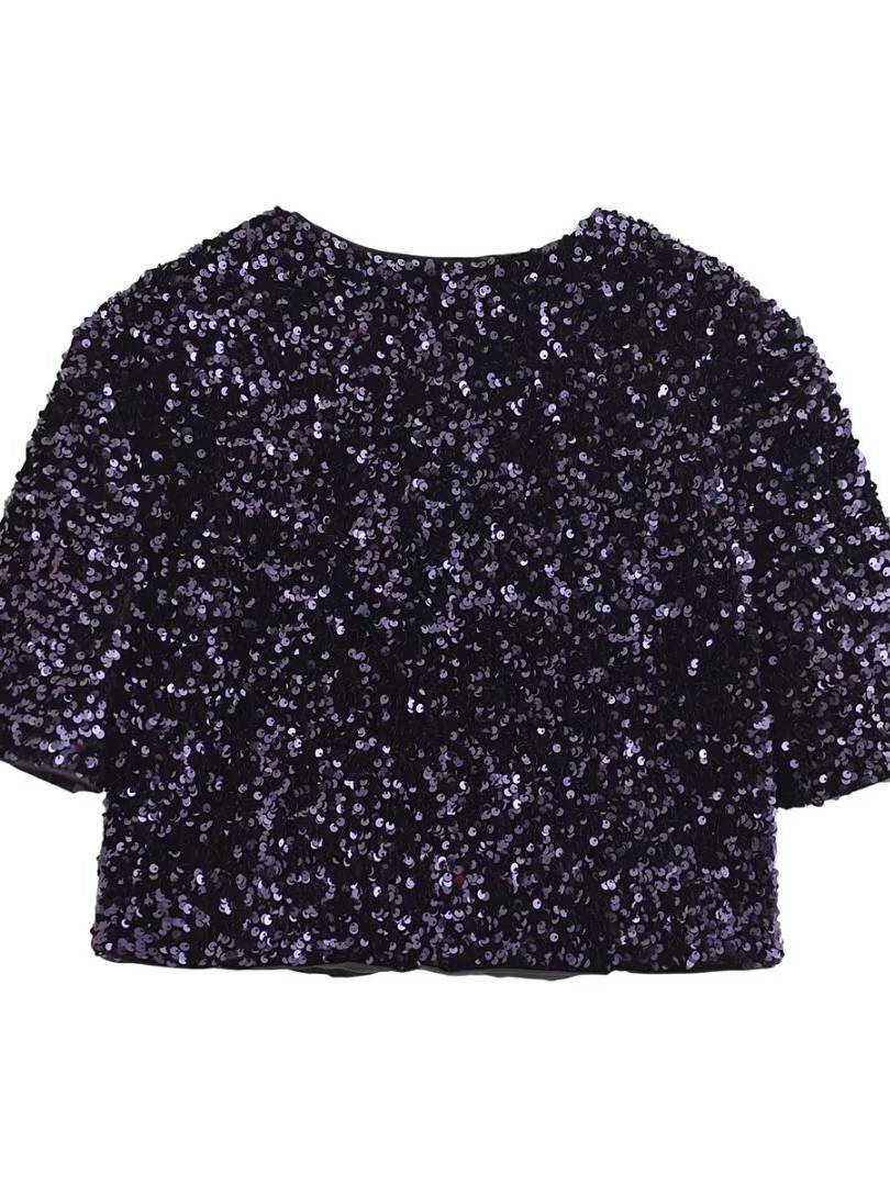 Sequined Bow Short-Sleeve Top