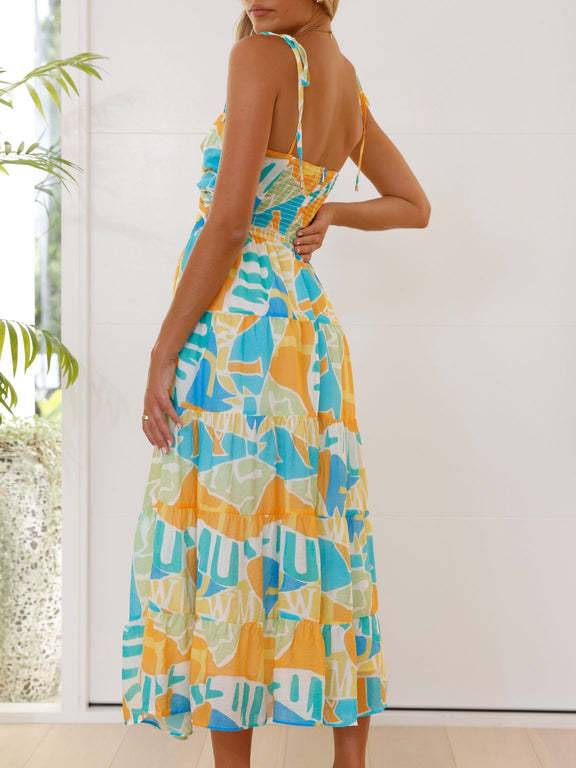 Printed Suspender Midi Dress