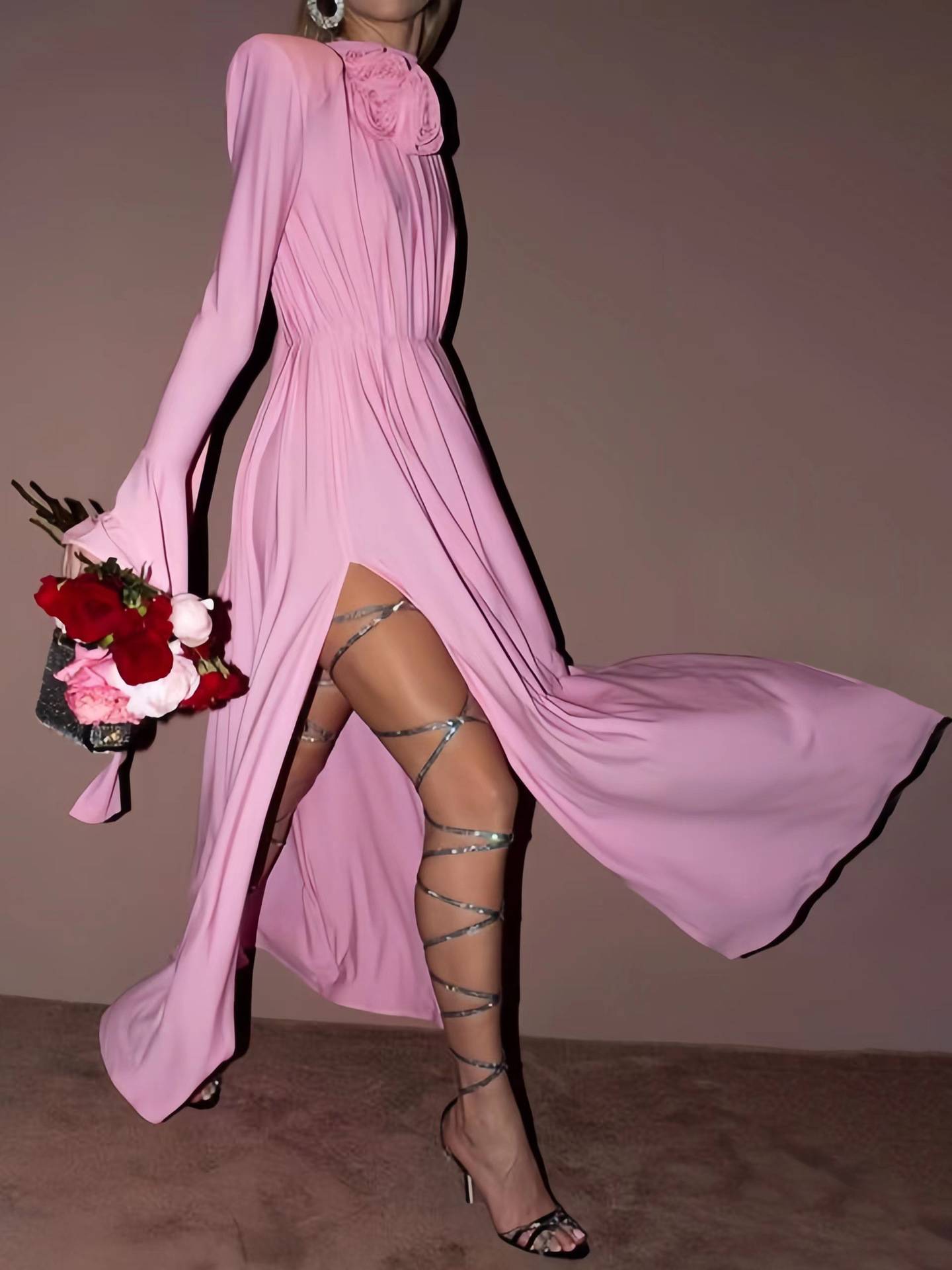 Three-Dimensional Flower Deep V Pleated Maxi Dress