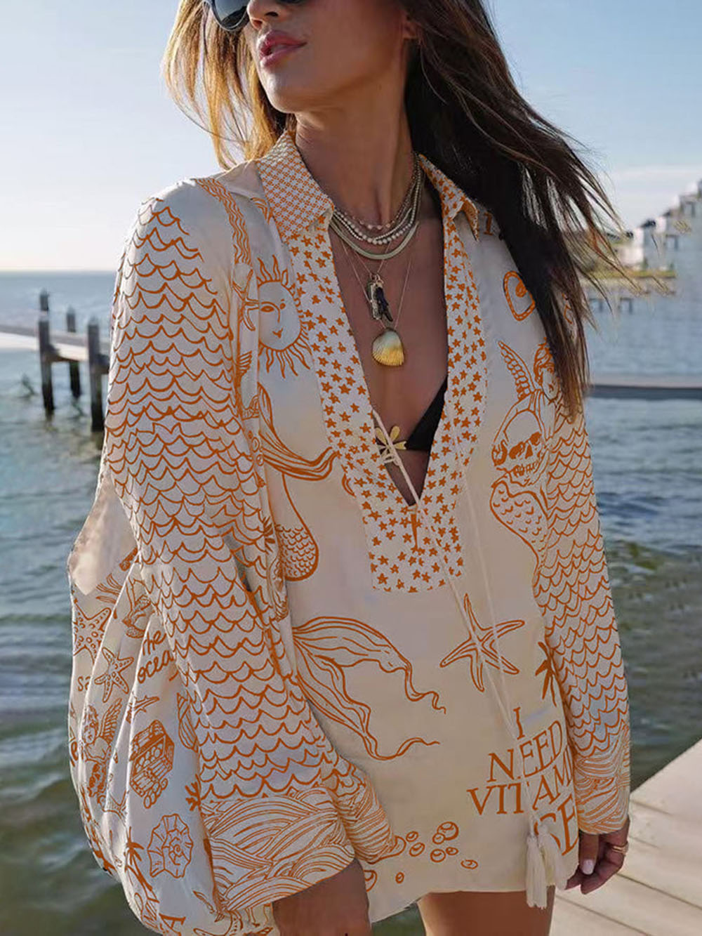 Unique Live By Water Satin Print Tassle Shirt and Elastic Waist Shorts Set