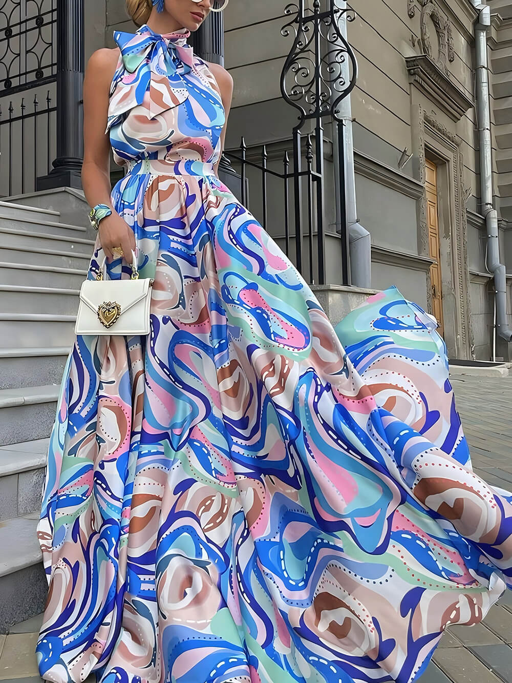 Elegant French High Waist Chiffon Printed Maxi Dress