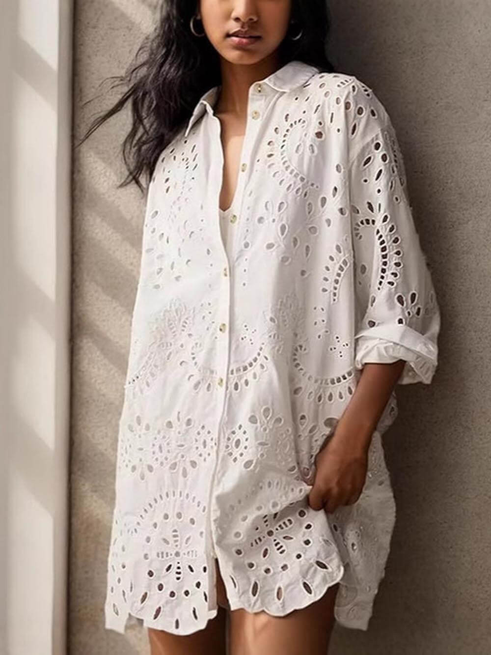 Fashionable Loose Embroidered Hollow Shirt