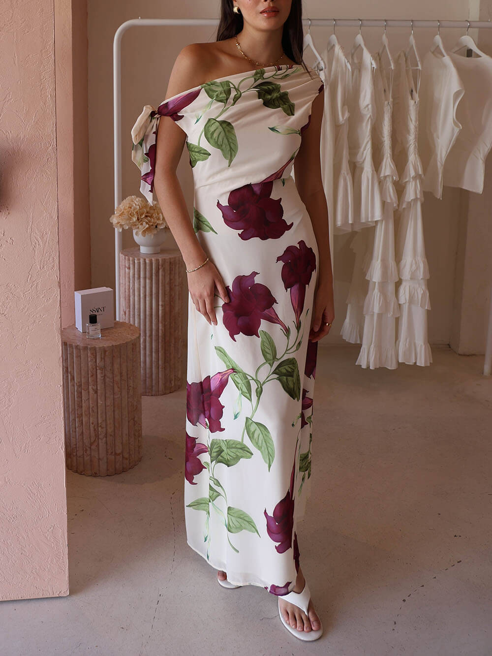 Elegant Floral Print One-Shoulder Tie Maxi Dress