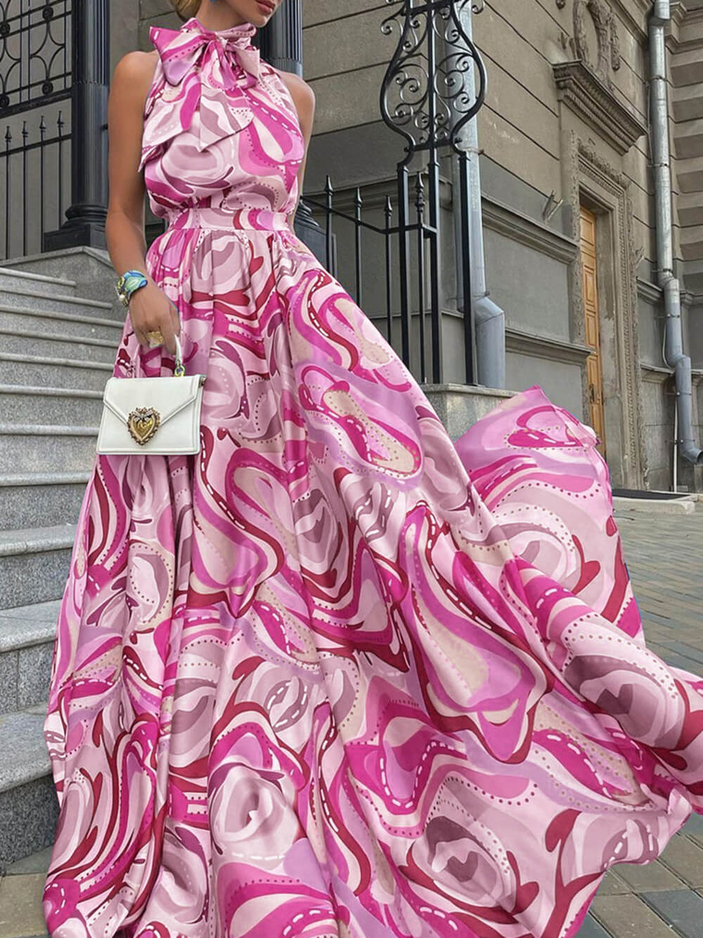 Elegant French High Waist Chiffon Printed Maxi Dress