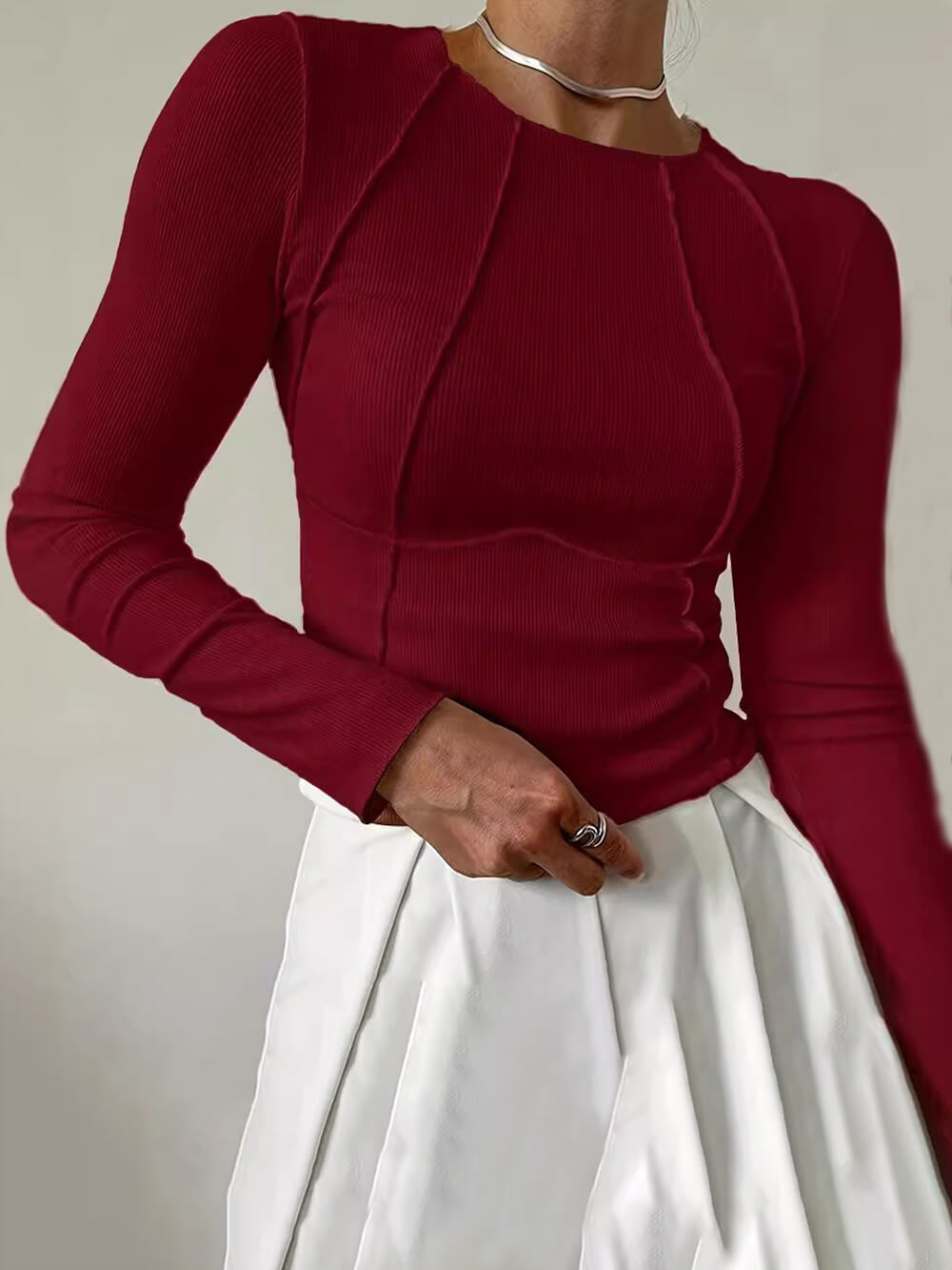Unique Split Solid Color Long-Sleeved Top