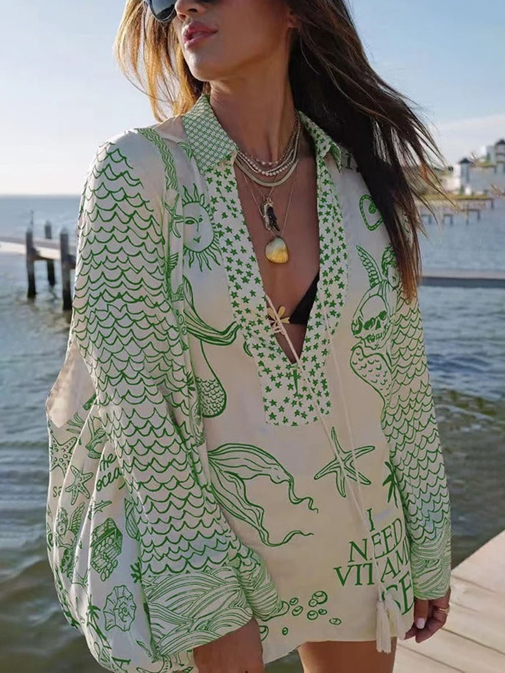 Unique Live By Water Satin Print Tassle Shirt and Elastic Waist Shorts Set