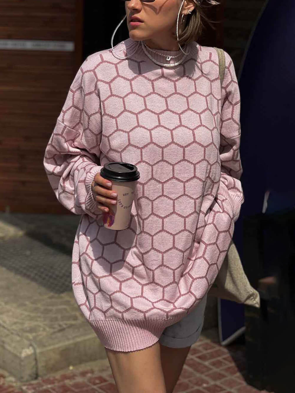 Elegant And Versatile Plaid Print Loose Round Neck Sweater