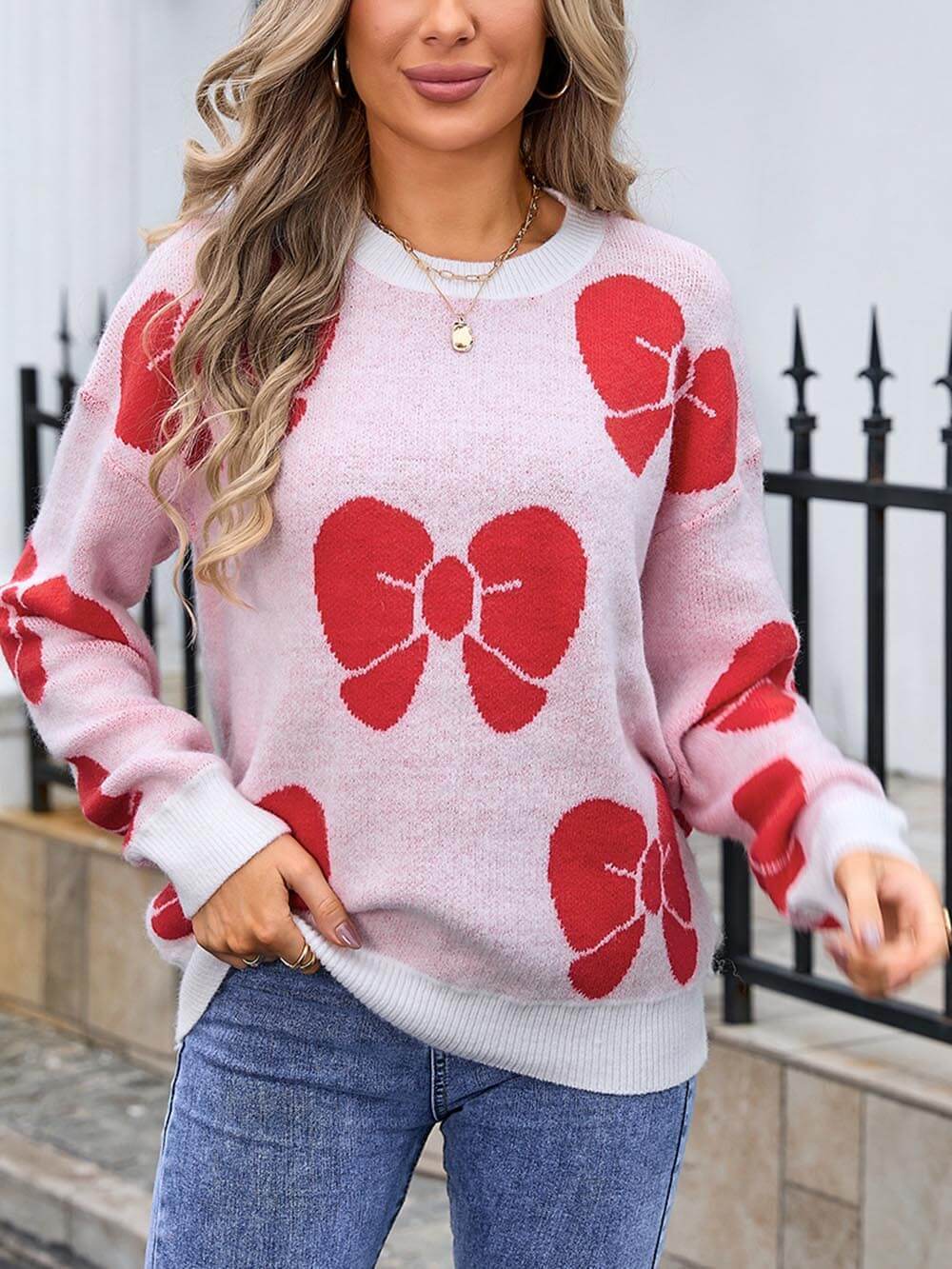 Classic Fashionable Loose Round Neck Knitted Bow Sweater