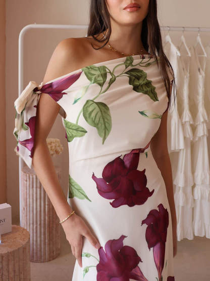 Elegant Floral Print One-Shoulder Tie Maxi Dress