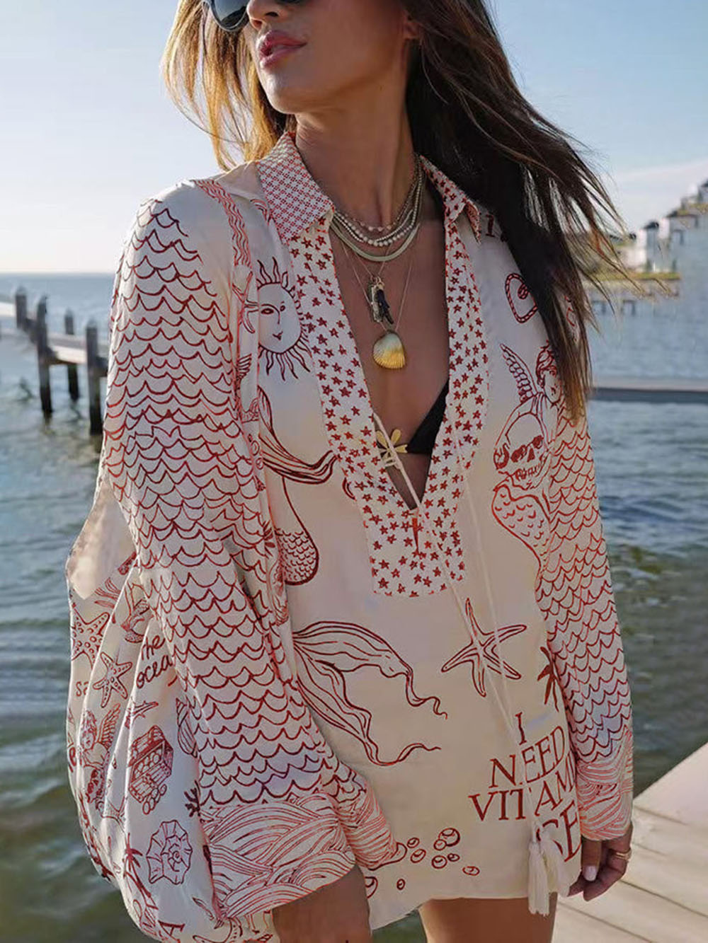 Unique Live By Water Satin Print Tassle Shirt and Elastic Waist Shorts Set