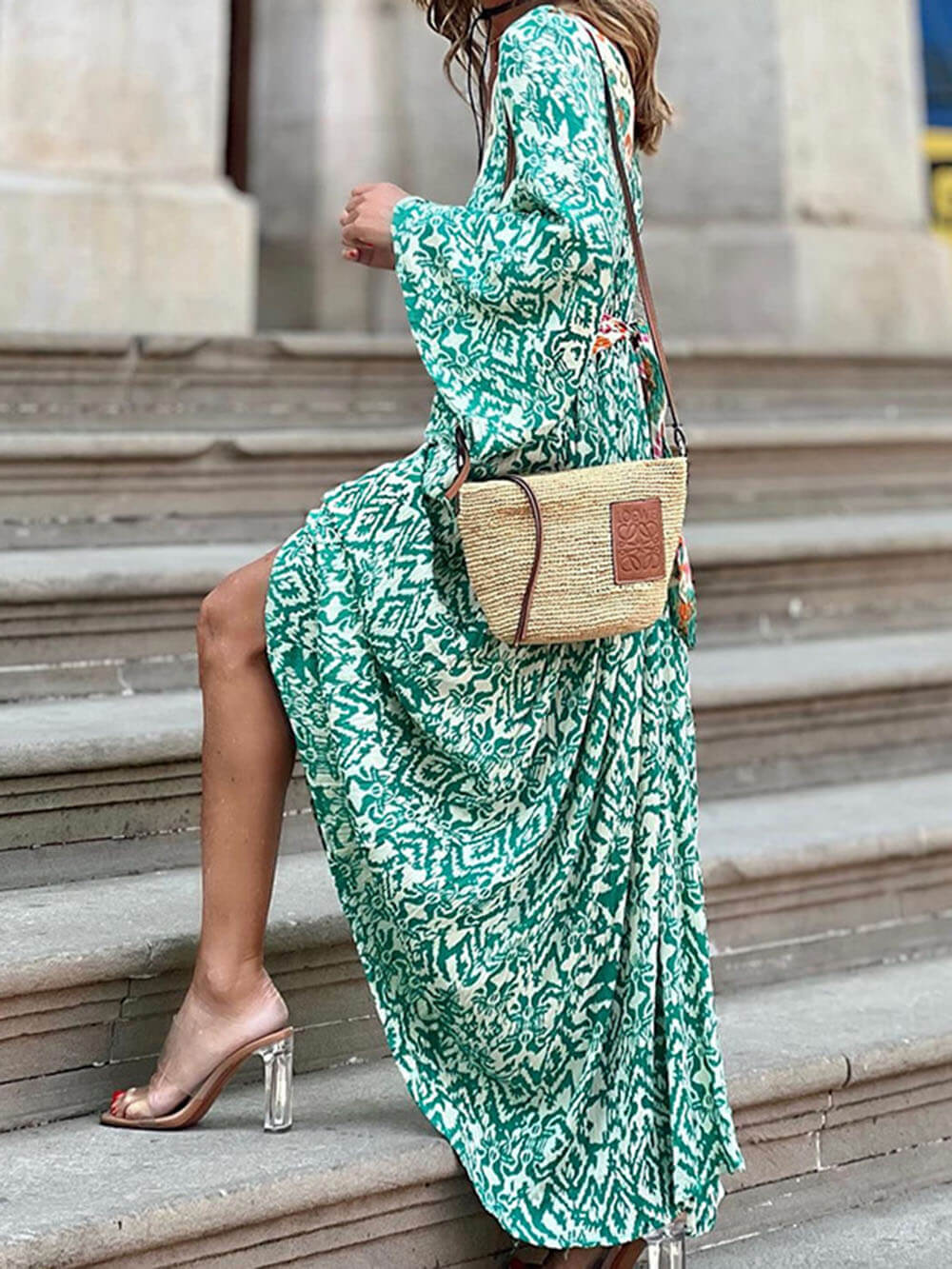 Fashionable And Casual V-Neck Colorblock Print Maxi Dress