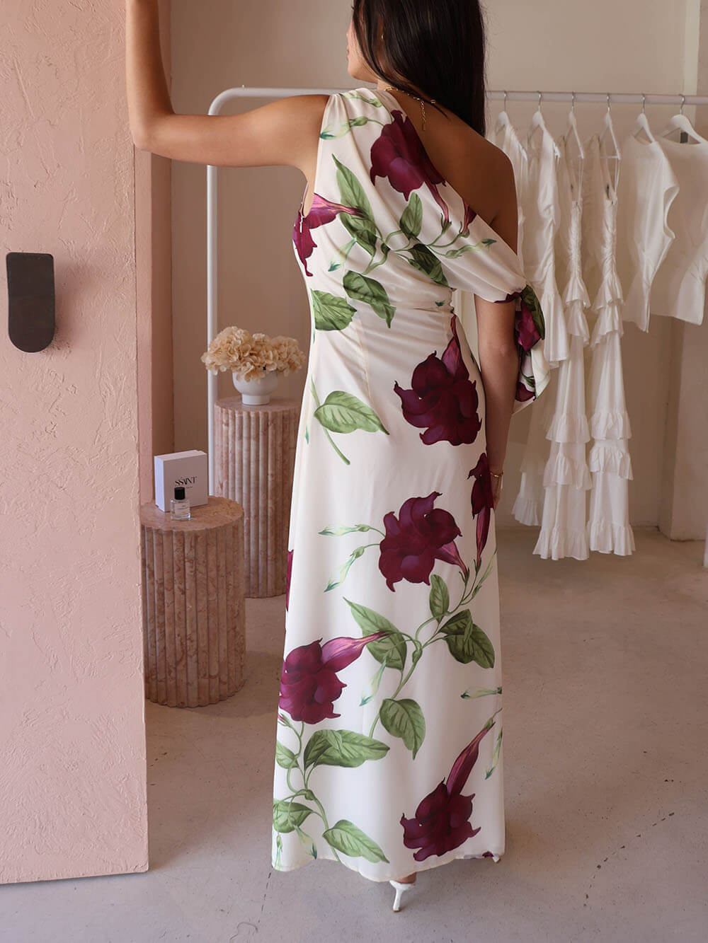 Elegant Floral Print One-Shoulder Tie Maxi Dress