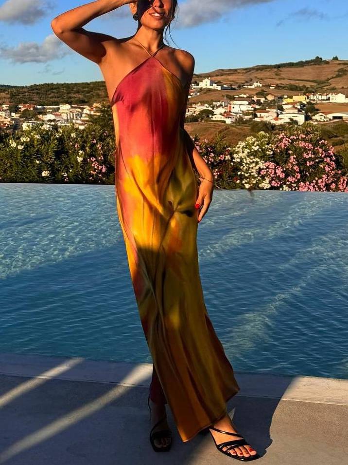 Satin Printed Backless Dress