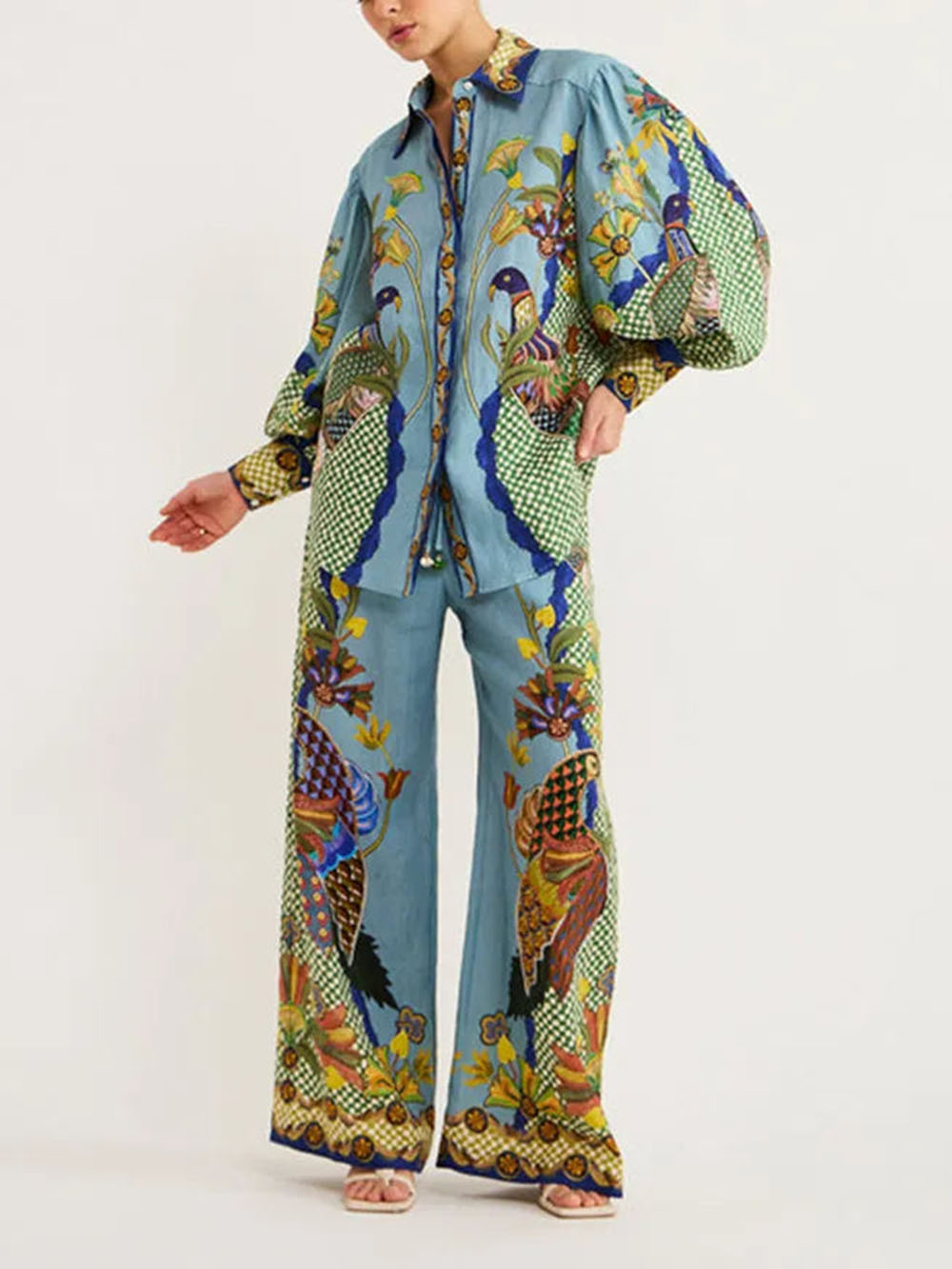 Unique Printed Puff Sleeve Holiday Casual Lanyard Suit