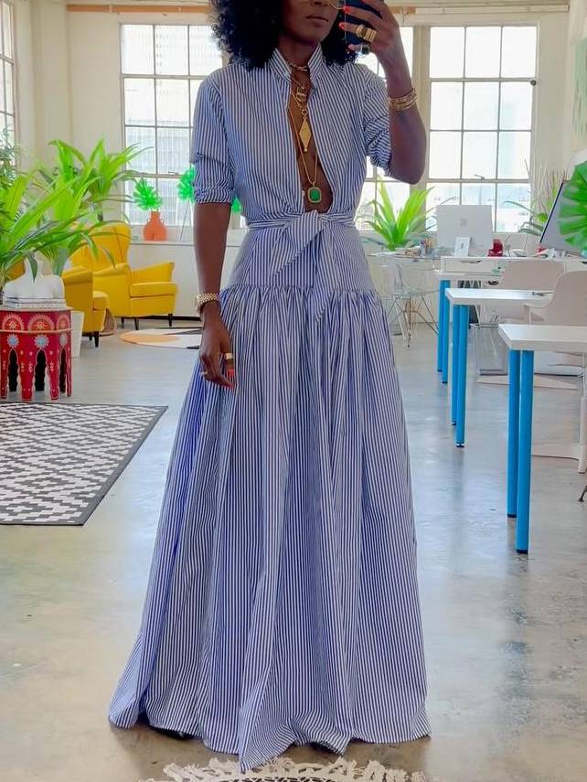 Striped Stand Collar Shirt And Skirt Suit-Skirt