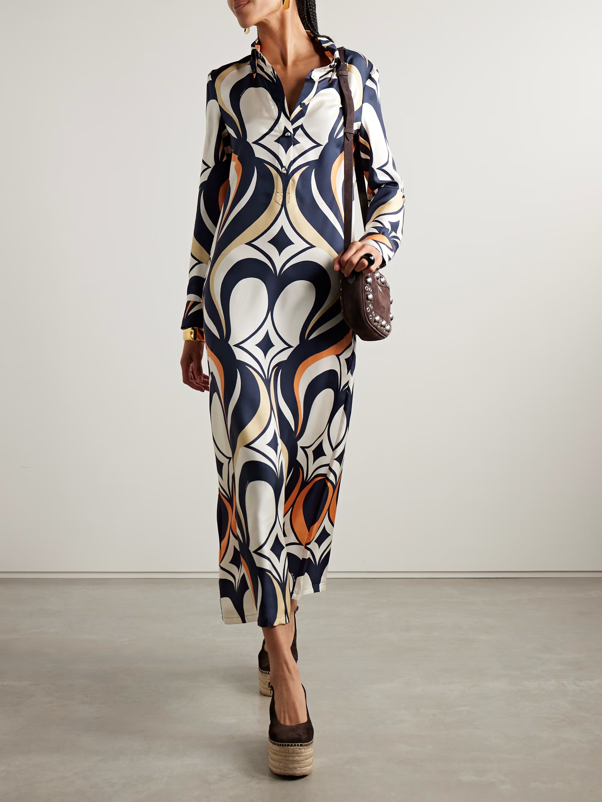 Retro Swirl Geometric Print Long Sleeve Maxi Dress