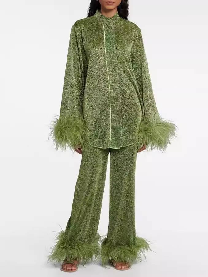 Feather Stand Collar Shirt Wide-leg Pants Suit