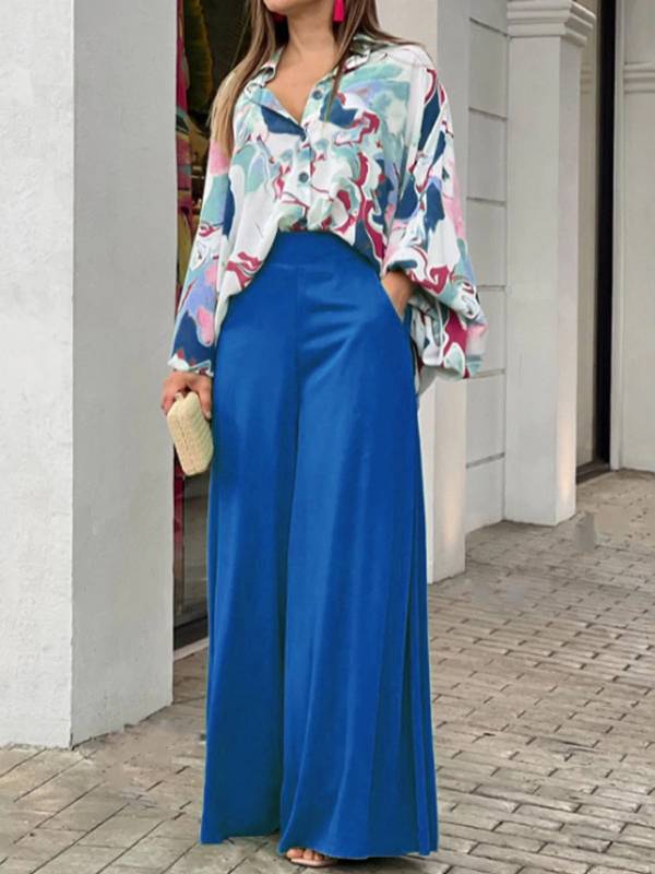 Printed Shirt Wide Leg Pants Suit