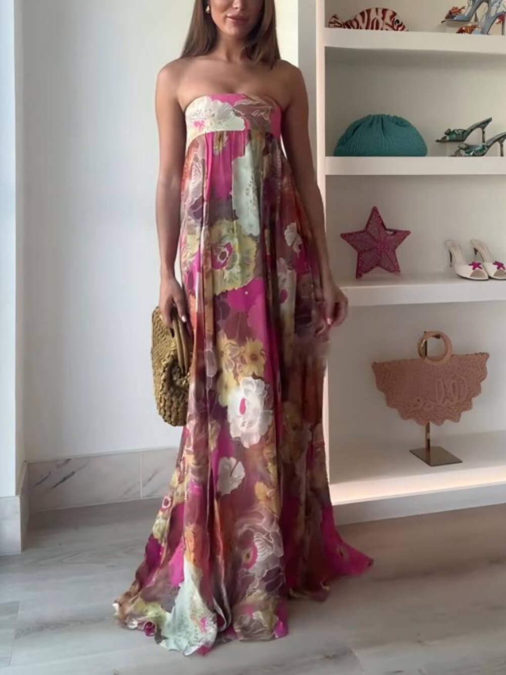 Ethnic Floral Print Off Shoulder A-line Maxi Dress